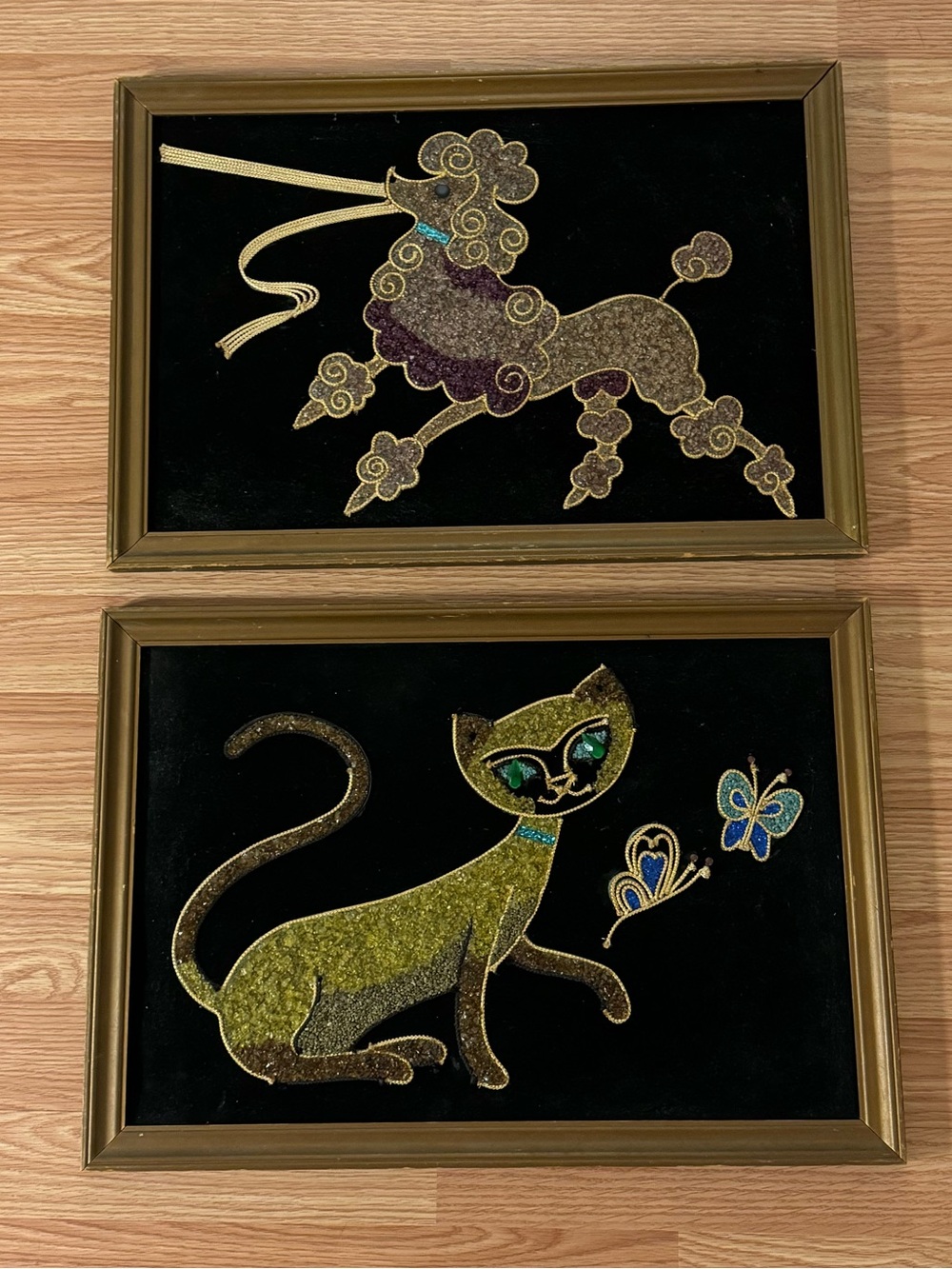MCM 60s Vintage Poodle Dog & Cat Black Velvet Gravel Pebble Wall Hanging Art Set